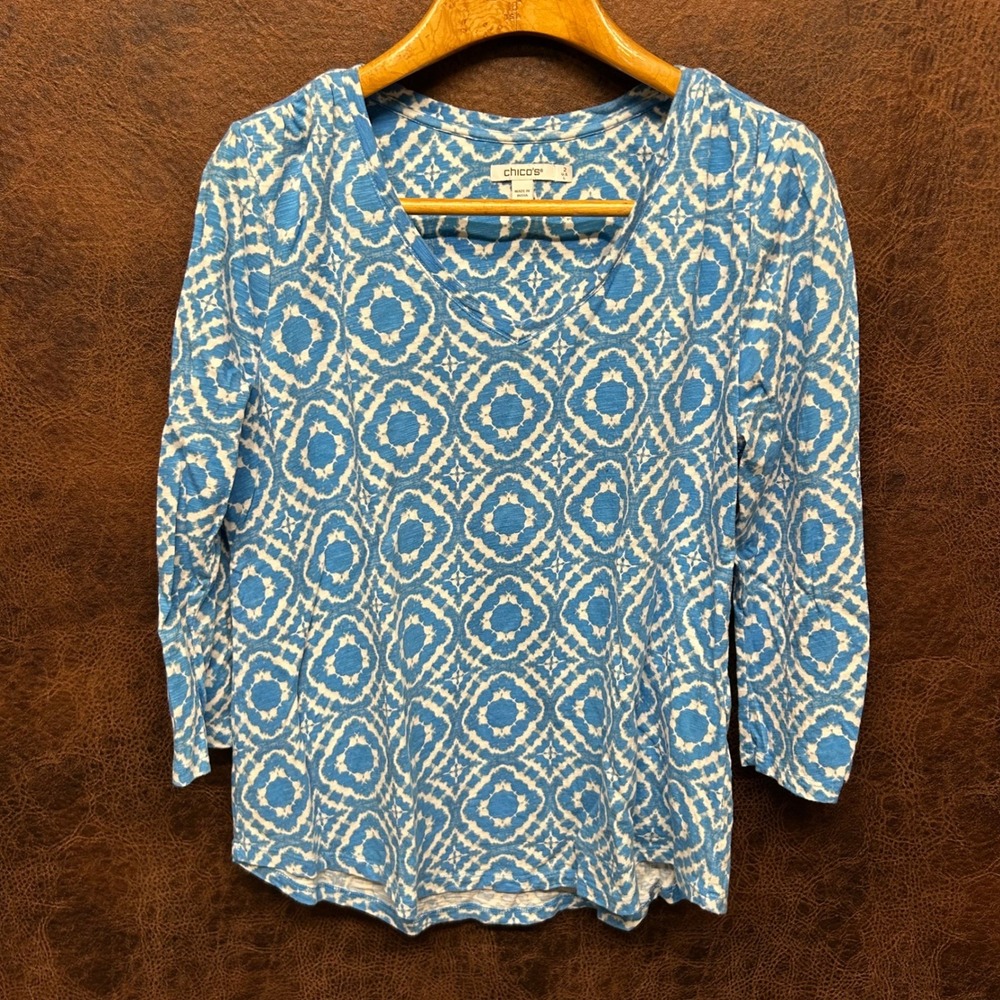 Chico's  Teal Blue White Geometric V-Neck 3/4 Sleeve Abstract Womens Large Shirt